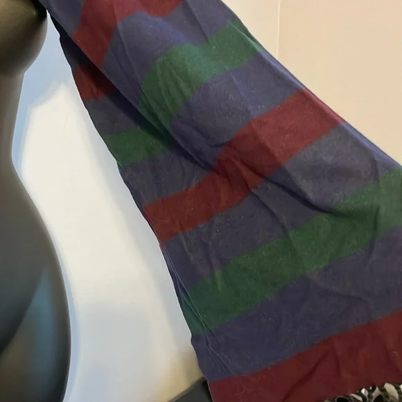 Enrico Milano Reversible Striped Silk Scarf Fringe OS Navy Maroon Green